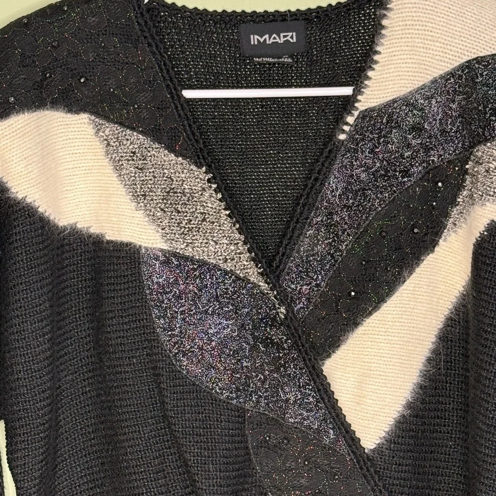 Vintage Imari crossover knit angora iridescent beaded shoulder pads black white